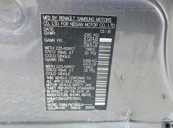 KNMAT2MV0JP578041 2018 NISSAN ROGUE Gray Widok naklejki z numerem VIN