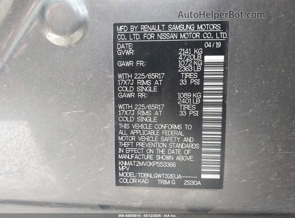 KNMAT2MV0KP553366 2019 NISSAN ROGUE Gray Շարժիչի բաժամունքի տեսք