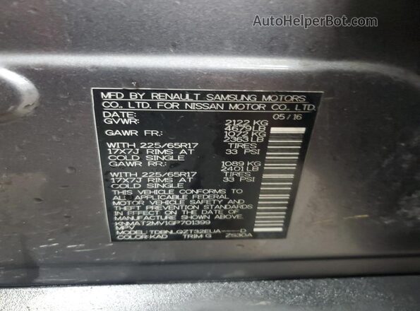 KNMAT2MV1GP701399 2016 NISSAN ROGUE Gray VIN კოდის სტიკერის ხედი