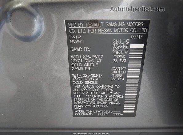 KNMAT2MV1JP505339 2018 NISSAN ROGUE Gray ძრავის განყოფილების ხედი