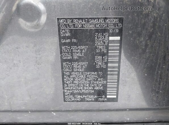 KNMAT2MV1LP525724 2020 NISSAN ROGUE Gray Widok komory silnika