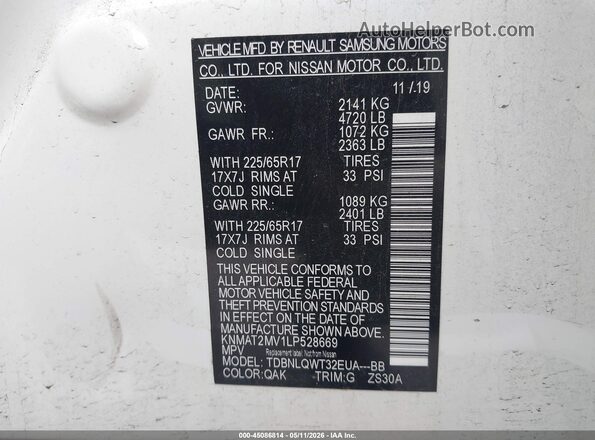 KNMAT2MV1LP528669 2020 NISSAN ROGUE White Շարժիչի բաժամունքի տեսք