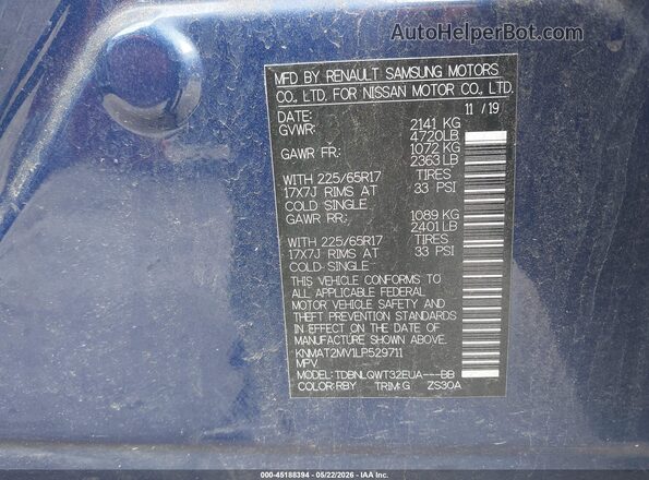 KNMAT2MV1LP529711 2020 NISSAN ROGUE Dark Blue ძრავის განყოფილების ხედი