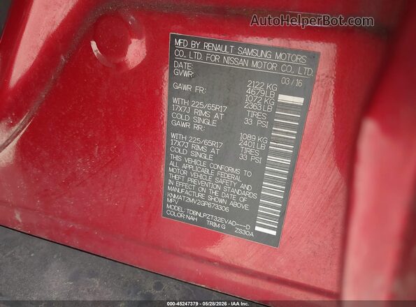 KNMAT2MV2GP673306 2016 NISSAN ROGUE Red Вид підкапотного простору