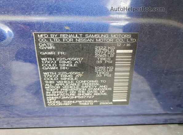 KNMAT2MV2HP537727 2017 NISSAN ROGUE Blue VIN կոդի պիտակի տեսք