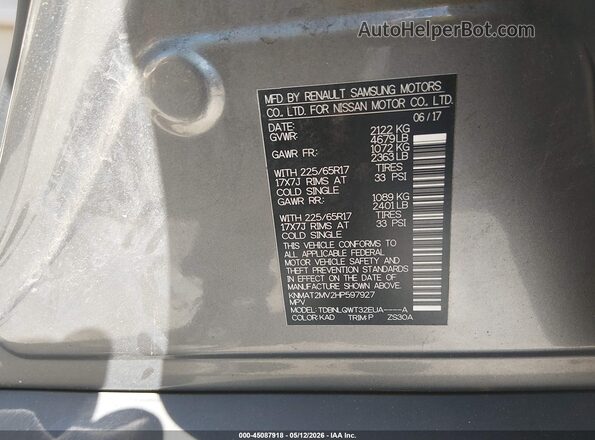KNMAT2MV2HP597927 2017 NISSAN ROGUE Gray Շարժիչի բաժամունքի տեսք