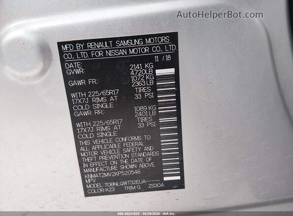 KNMAT2MV2KP520546 2019 NISSAN ROGUE Silver Vista del compartimento del motor