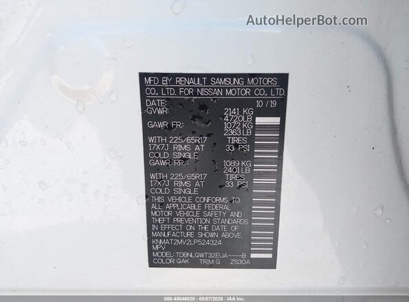 KNMAT2MV2LP524324 2020 NISSAN ROGUE White Vista del compartimento del motor