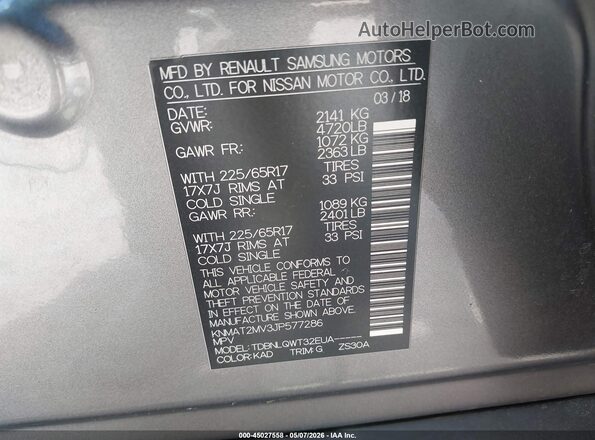 KNMAT2MV3JP577286 2018 NISSAN ROGUE Gray 