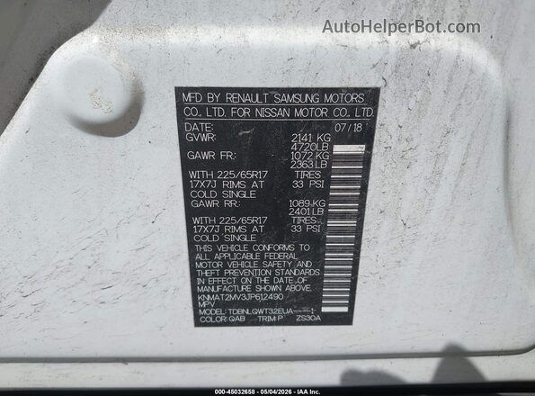 KNMAT2MV3JP612490 2018 NISSAN ROGUE White Շարժիչի բաժամունքի տեսք