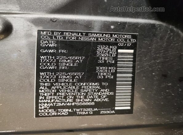 KNMAT2MV4HP558868 2017 NISSAN ROGUE Gray Widok naklejki z numerem VIN