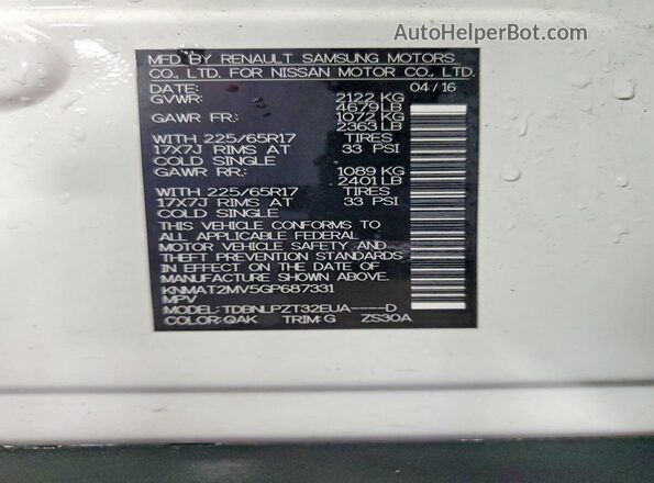 KNMAT2MV5GP687331 2016 NISSAN ROGUE White VIN կոդի պիտակի տեսք