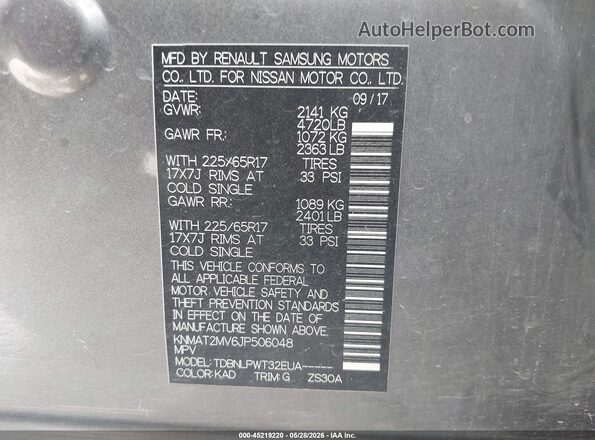 KNMAT2MV6JP506048 2018 NISSAN ROGUE Gray Vista del compartimento del motor
