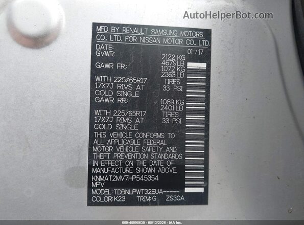 KNMAT2MV7HP545354 2017 NISSAN ROGUE Silver 