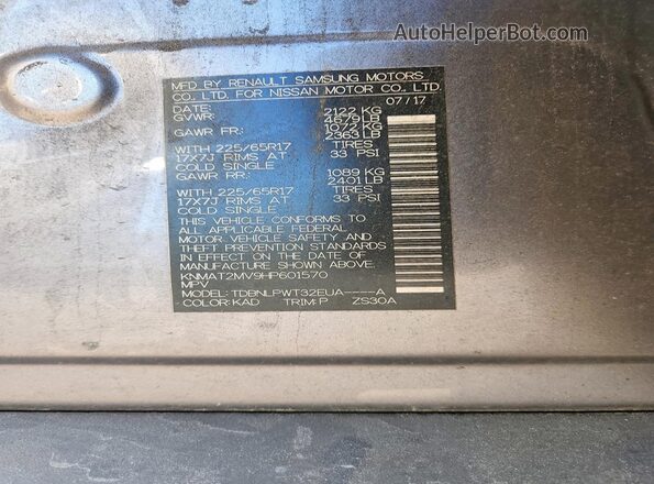 KNMAT2MV9HP601570 2017 NISSAN ROGUE Gray Vista de la etiqueta del VIN