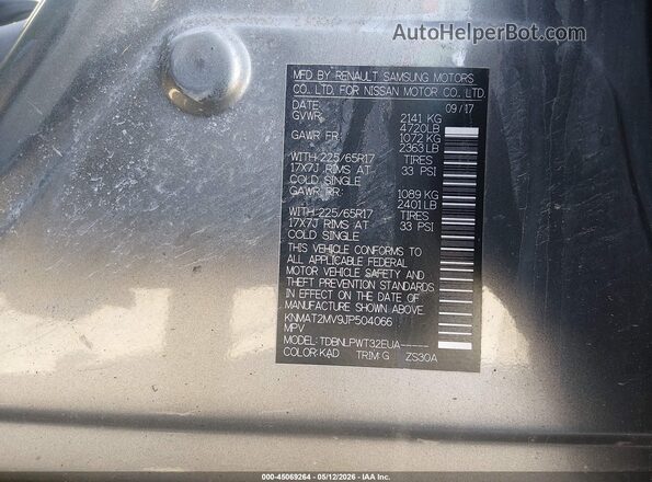 KNMAT2MV9JP504066 2018 NISSAN ROGUE Gray Շարժիչի բաժամունքի տեսք