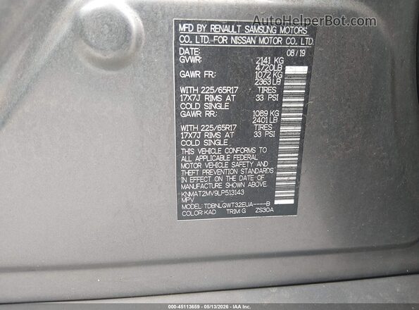 KNMAT2MV9LP513143 2020 NISSAN ROGUE Gray Շարժիչի բաժամունքի տեսք