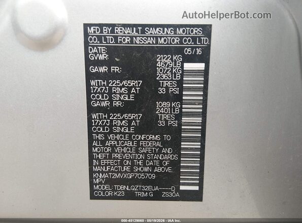 KNMAT2MVXGP705709 2016 NISSAN ROGUE Gray 
