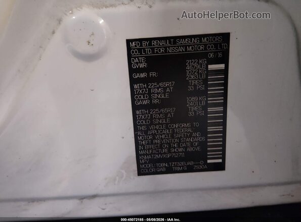 KNMAT2MVXGP712711 2016 NISSAN ROGUE White Engine compartment view