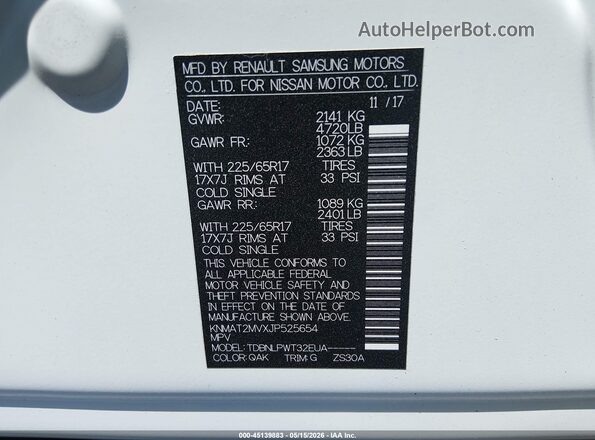 KNMAT2MVXJP525654 2018 NISSAN ROGUE White Vista del compartimento del motor
