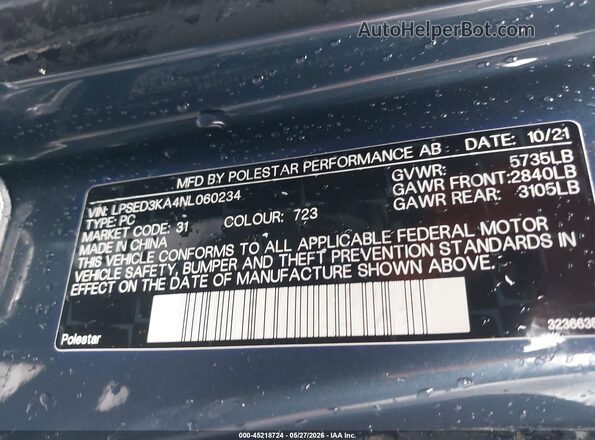 LPSED3KA4NL060234 2022 POLESTAR 2 Dark Blue 
