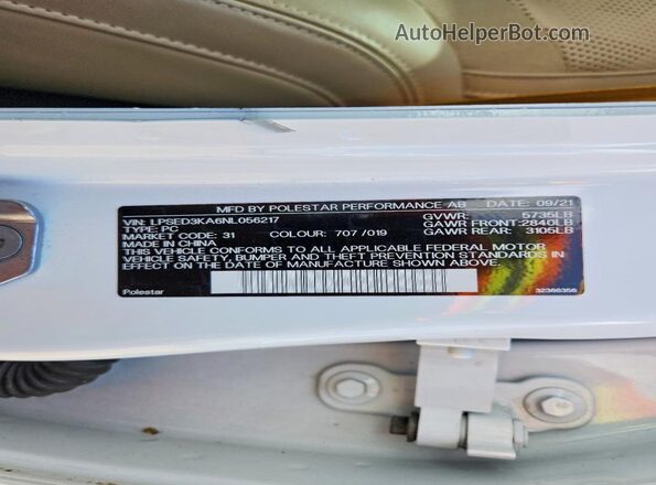 LPSED3KA6NL056217 2022 POLESTAR 2 White VIN կոդի պիտակի տեսք