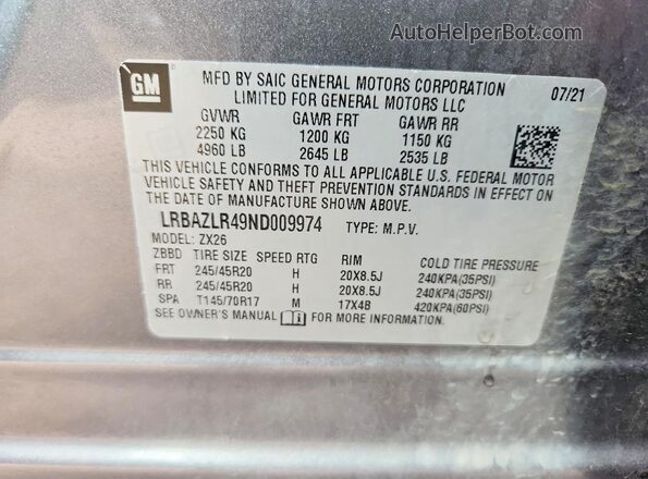 LRBAZLR49ND009974 2022 BUICK ENVISION Серый 