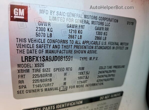LRBFX1SA9JD081591 2018 BUICK ENVISION White VIN կոդի պիտակի տեսք