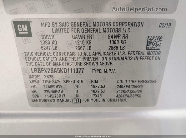 LRBFX2SA5KD111077 2019 BUICK ENVISION Silver Vista del compartimento del motor
