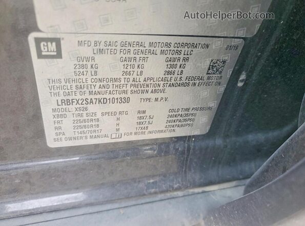 LRBFX2SA7KD101330 2019 BUICK ENVISION Black VIN კოდის სტიკერის ხედი