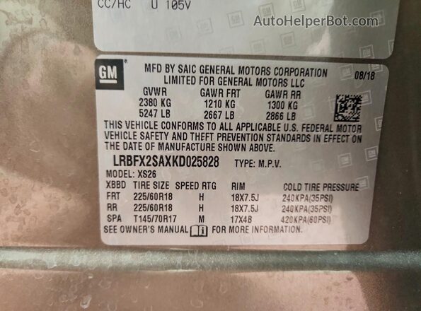 LRBFX2SAXKD025828 2019 BUICK ENVISION Tan Вид наклейки з VIN-кодом