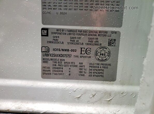 LRBFX2SAXKD075757 2019 BUICK ENVISION Белый Вид наклейки с VIN-кодом