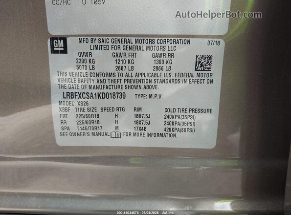 LRBFXCSA1KD018739 2019 BUICK ENVISION Beige Widok komory silnika