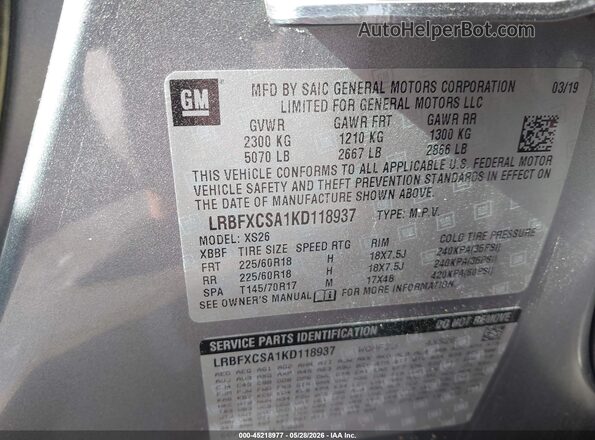 LRBFXCSA1KD118937 2019 BUICK ENVISION Gray Вид підкапотного простору