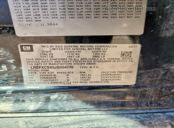 LRBFXCSA5JD004776 2018 BUICK ENVISION Black Widok naklejki z numerem VIN