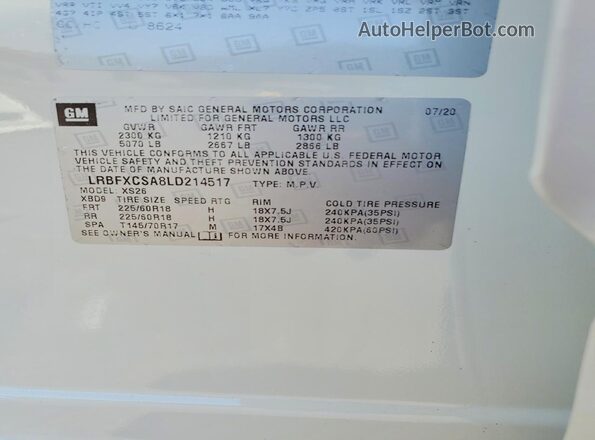LRBFXCSA8LD214517 2020 BUICK ENVISION White Vista de la etiqueta del VIN