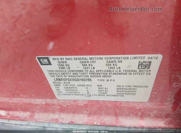 LRBFXFSXXGD169785 2016 BUICK ENVISION Red Widok komory silnika