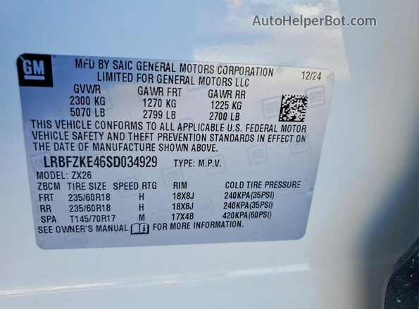 LRBFZKE46SD034929 2025 BUICK ENVISION White Widok naklejki z numerem VIN