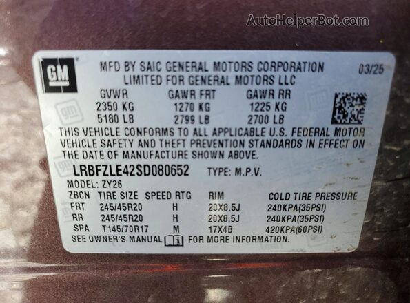 LRBFZLE42SD080652 2025 BUICK ENVISION Purple Widok naklejki z numerem VIN