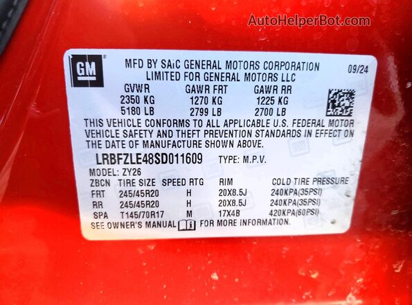 LRBFZLE48SD011609 2025 BUICK ENVISION Красный Вид наклейки с VIN-кодом