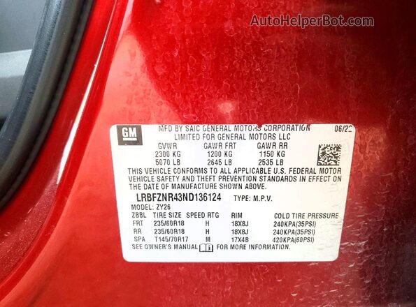 LRBFZNR43ND136124 2022 BUICK ENVISION Бордовый Вид наклейки с VIN-кодом