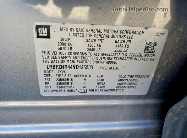 LRBFZNR44ND126203 2022 BUICK ENVISION Gray Widok naklejki z numerem VIN