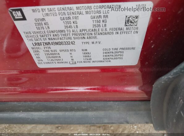 LRBFZNR49ND033242 2022 BUICK ENVISION Red 