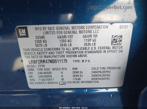LRBFZRR47ND011179 2022 BUICK ENVISION Blue 