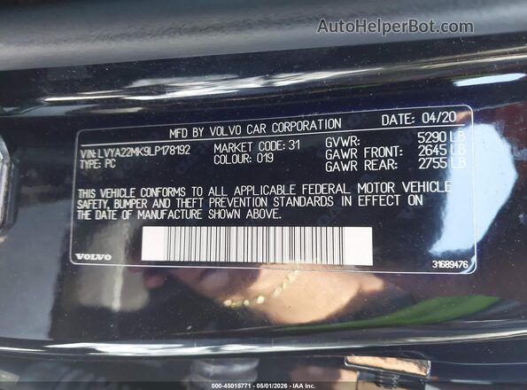 LVYA22MK9LP178192 2020 VOLVO S90 Black Vista del compartimento del motor