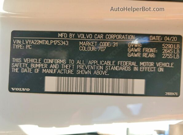 LVYA22MTXLP175343 2020 VOLVO S90 White ძრავის განყოფილების ხედი