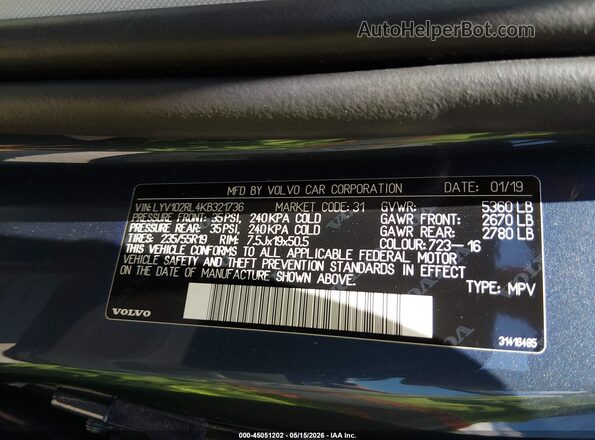 LYV102RL4KB321736 2019 VOLVO XC60 Gray Вид підкапотного простору