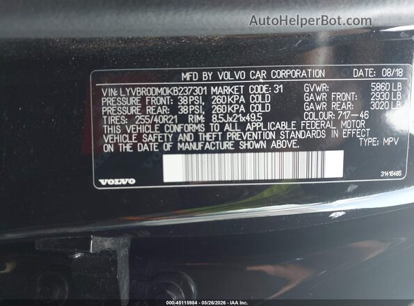 LYVBR0DM0KB237301 2019 VOLVO XC60 HYBRID Black Շարժիչի բաժամունքի տեսք