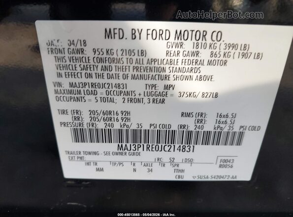 MAJ3P1RE0JC214831 2018 FORD ECOSPORT Black ძრავის განყოფილების ხედი