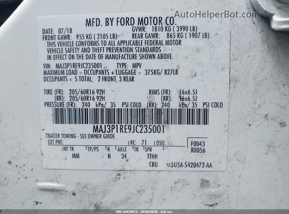 MAJ3P1RE9JC235001 2018 FORD ECOSPORT White Vista del compartimento del motor